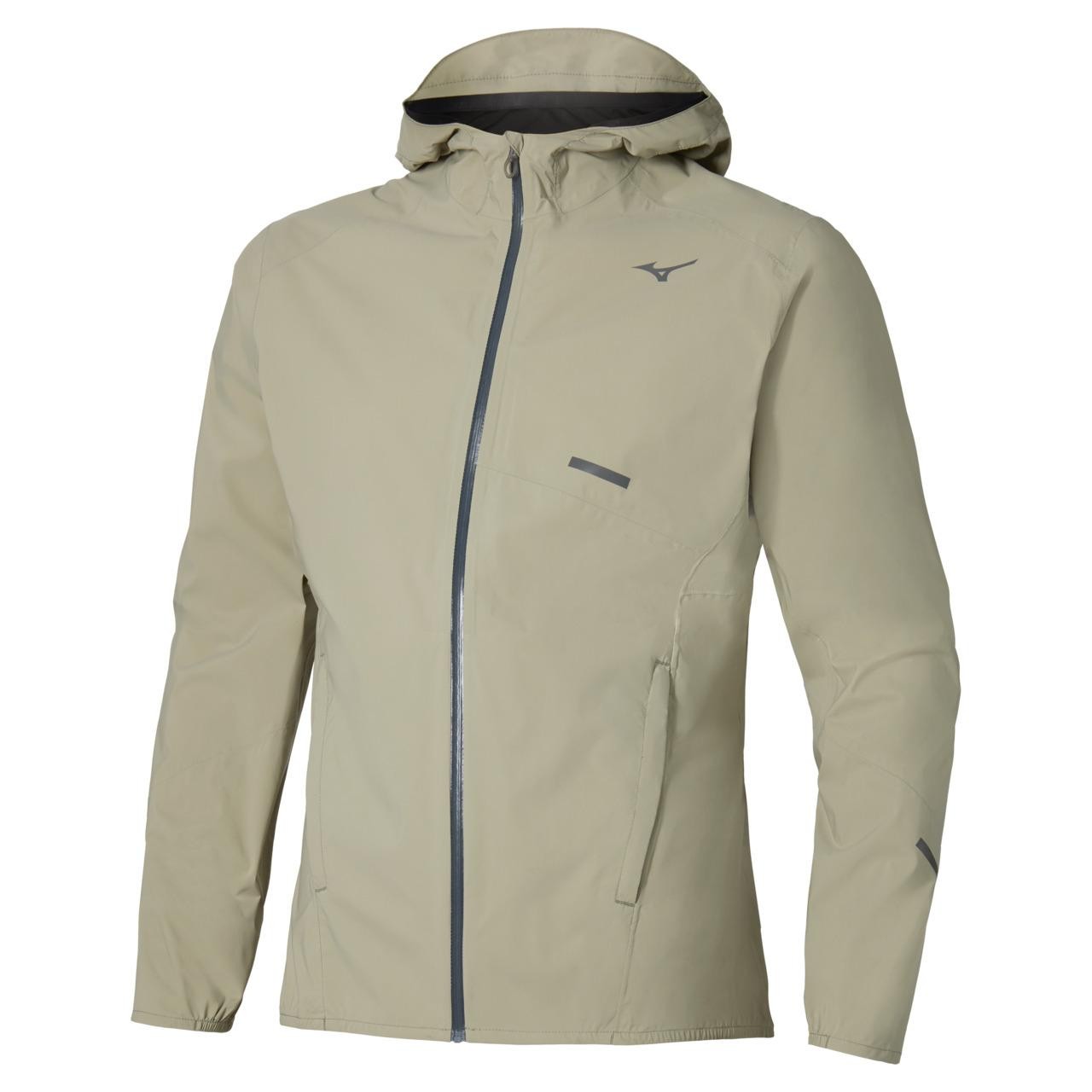 Light beige hooded jacket by Mizuno, featuring a full front zipper, elastic cuffs, and a sleek design with a subtle logo on the chest.