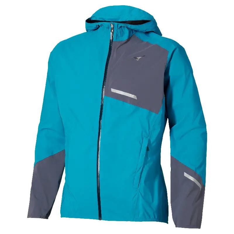 Bright turquoise waterproof jacket with a gray panel, featuring a zippered front, adjustable hood, and reflective accents for visibility.