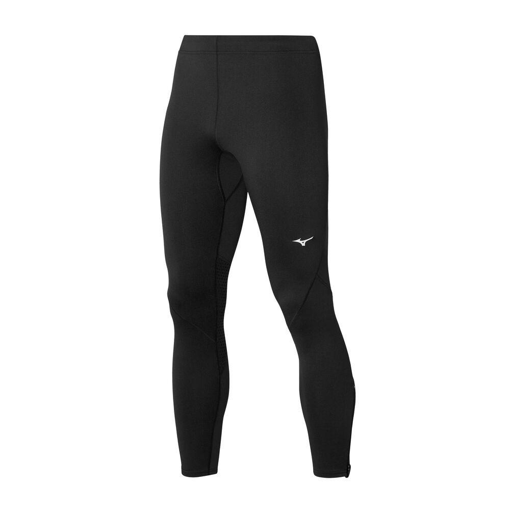 Black Mizuno Warmalite tights for men, featuring a snug fit, stretchable material, and a small white Mizuno logo on the left thigh.