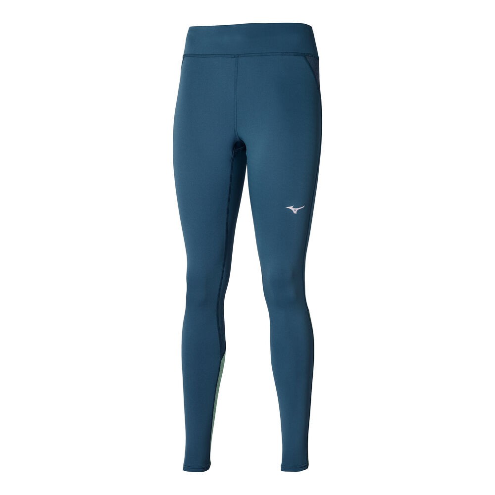 Mizuno women's Warmalite tights in Blue Wing Teal, featuring a sleek, stretchy design, high waistband, and logo detail, size XL.