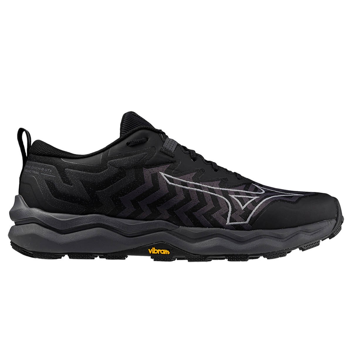 Mizuno Wave Daichi 8 GTX men's running shoe in ebony and ultimate gray, featuring a black upper with a zigzag pattern and a rugged outsole for enhanced grip.