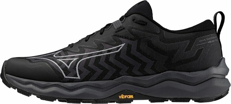 Mizuno Wave Daichi 8 GTX men's shoes in ebony, ultimate gray, and black, featuring a textured upper, Vibram outsole, and reflective detailing for enhanced visibility.