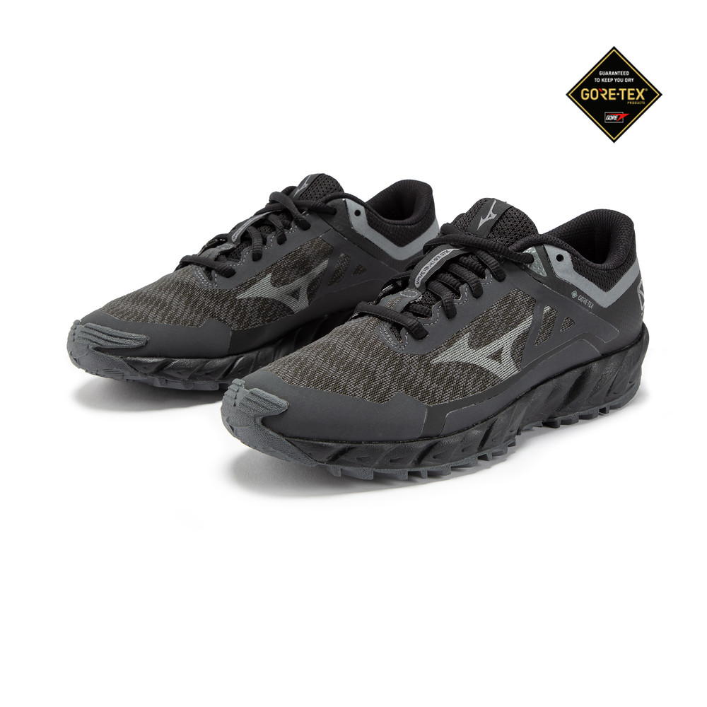 Black Mizuno Wave Ibuki 3 GTX women's running trainers featuring a textured upper, grey accents, and a rugged sole, available in size UK 6.