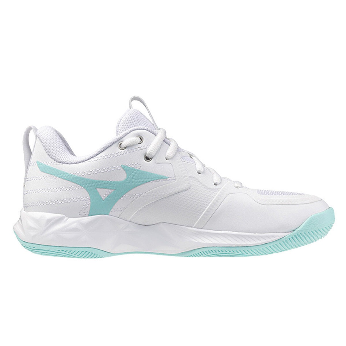 Mizuno Wave Momentum Pro women's shoes in white with blue tint accents, featuring a sleek design, breathable mesh upper, and cushioned sole for comfort and support.