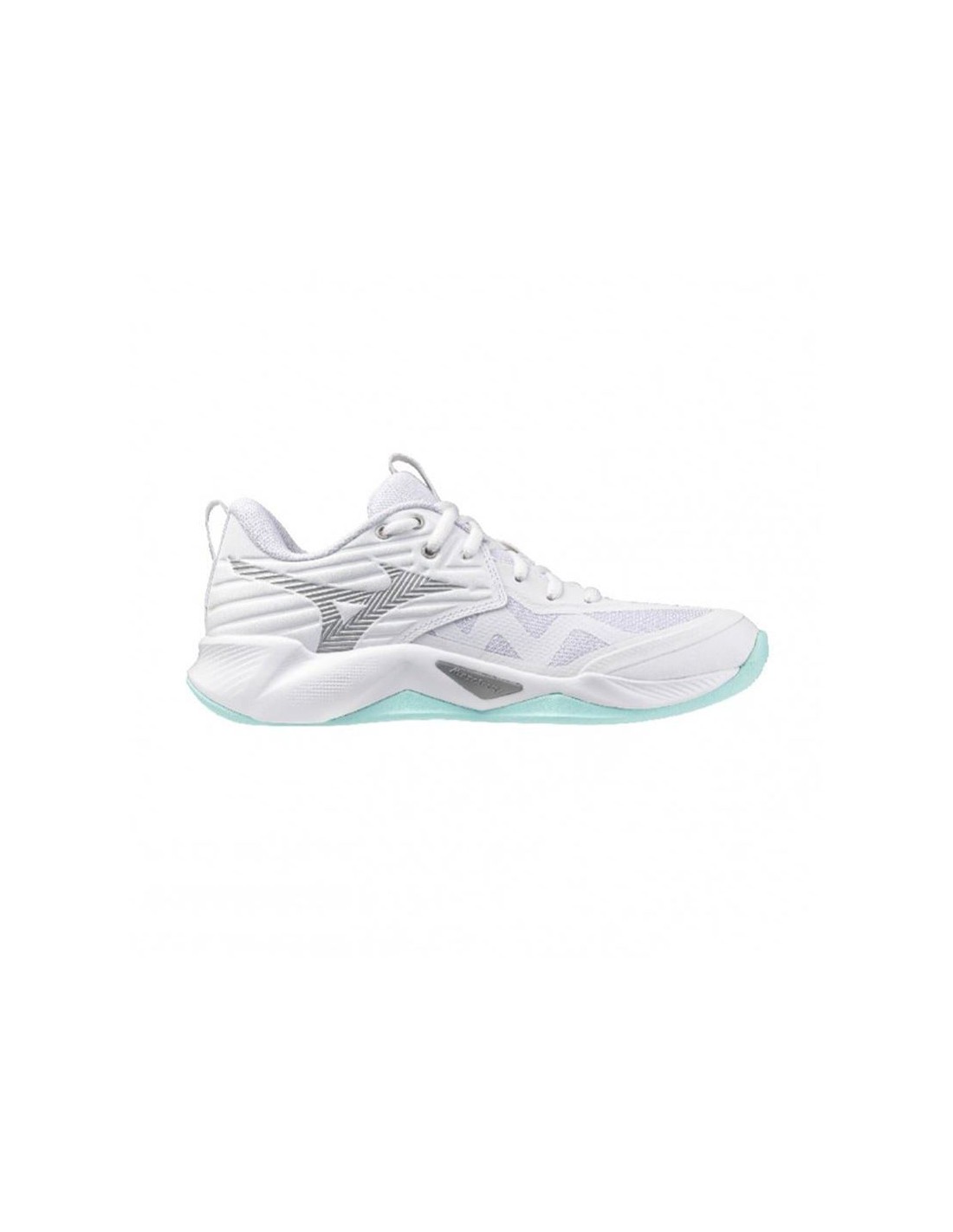 Mizuno Wave Momentum Pro women's sneakers in white and blue tint, featuring a breathable mesh upper, cushioned sole, and distinctive wave design on the side.