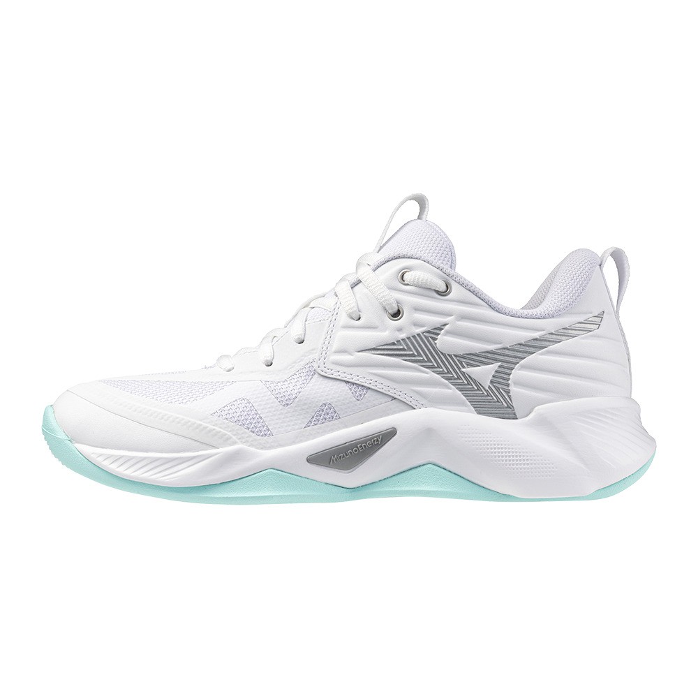 Mizuno Wave Momentum Pro women's shoes in white and blue tint, featuring a sleek design, breathable mesh upper, and a light blue sole for enhanced performance.