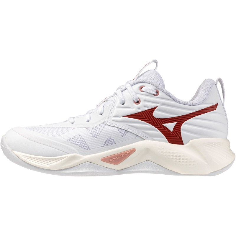 Mizuno Wave Momentum Pro volleyball shoes in white with rose elegance and lava falls accents, featuring a sleek design and breathable mesh upper for enhanced performance.