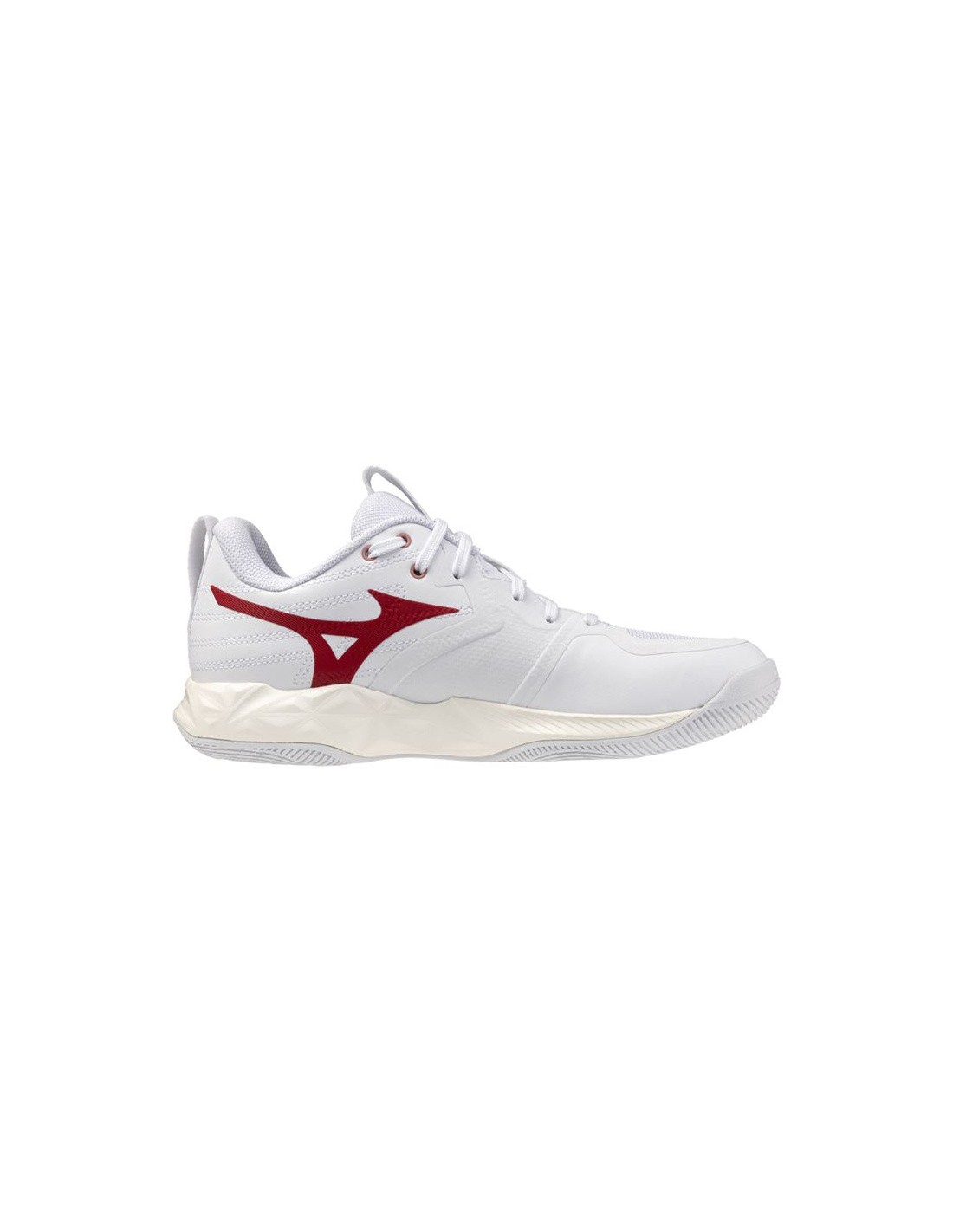 White women's training shoes by Mizuno with red accents, featuring a sleek design, breathable upper material, and a cushioned sole for enhanced comfort and support.
