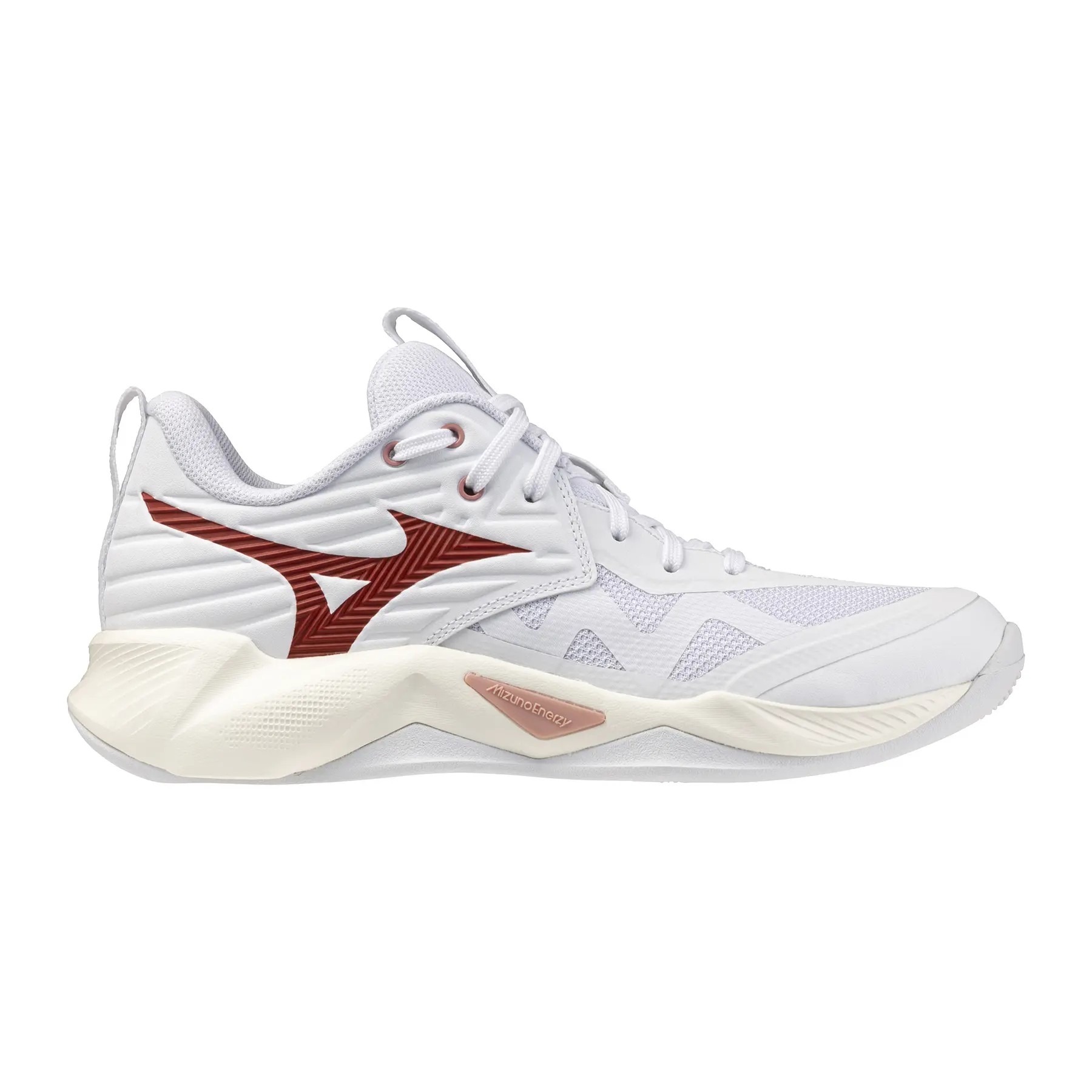 White women's training shoes with a textured mesh upper, featuring a red Mizuno logo and a cushioned sole for enhanced support and comfort.