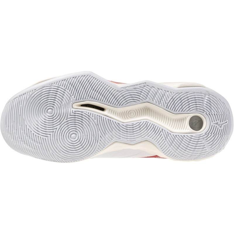 White and rose elegance Mizuno Wave Momentum Pro volleyball shoes for women, featuring a textured rubber sole with a unique wave design and a sleek, lightweight upper.