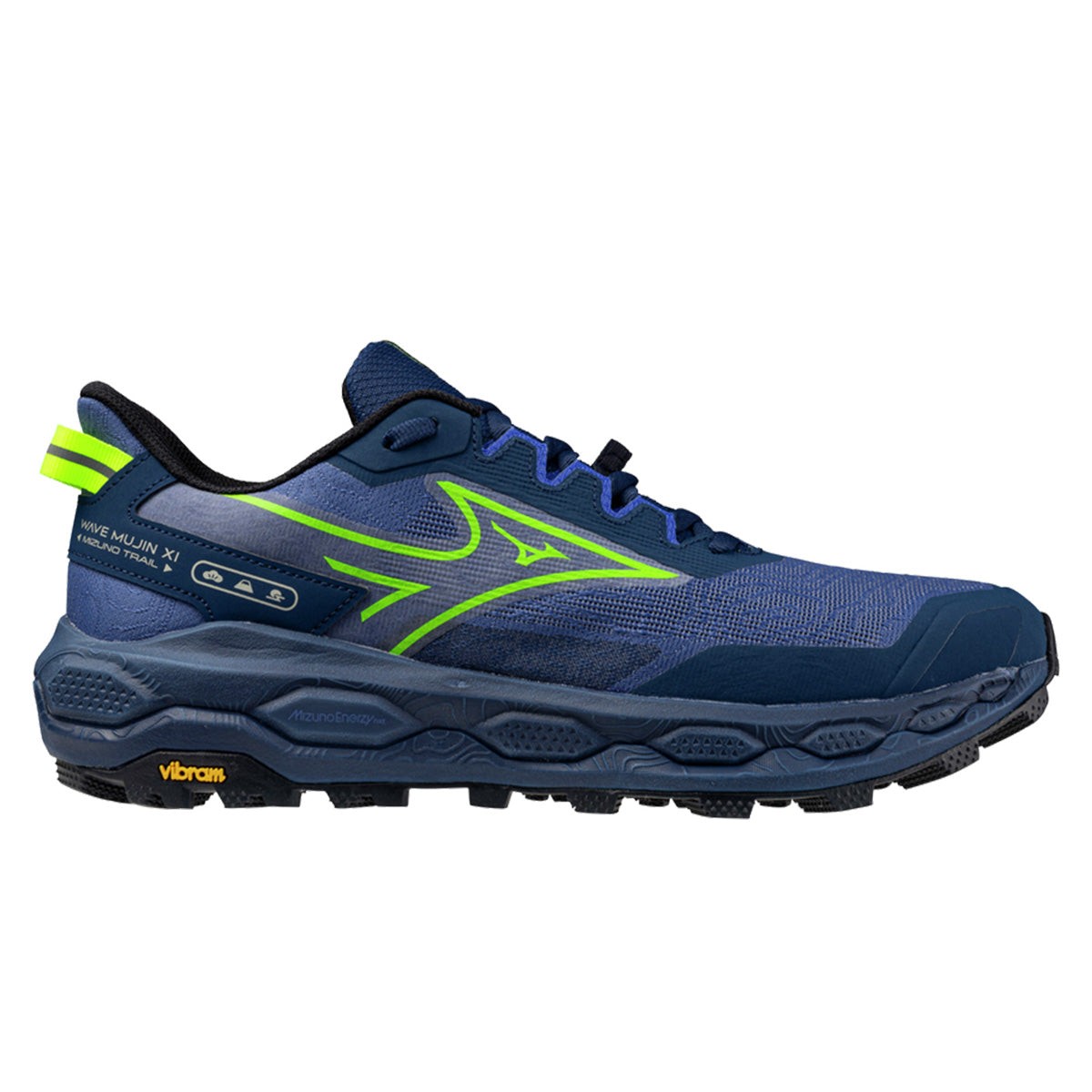 Mizuno Wave Mujin 11 shoes in blue and yellow feature a breathable mesh upper, a cushioned sole, and a rugged outsole for traction, size 39.