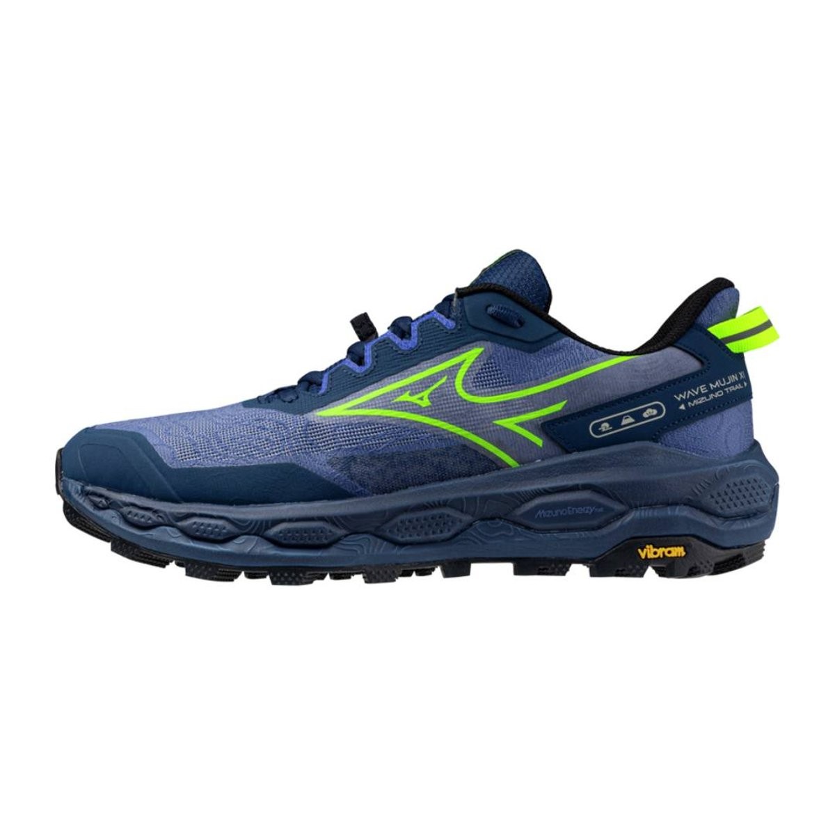 Mizuno Wave Mujin 11 trail running shoes feature a navy blue and lime green design, breathable mesh upper, durable rubber outsole, and a cushioned midsole for comfort and support.