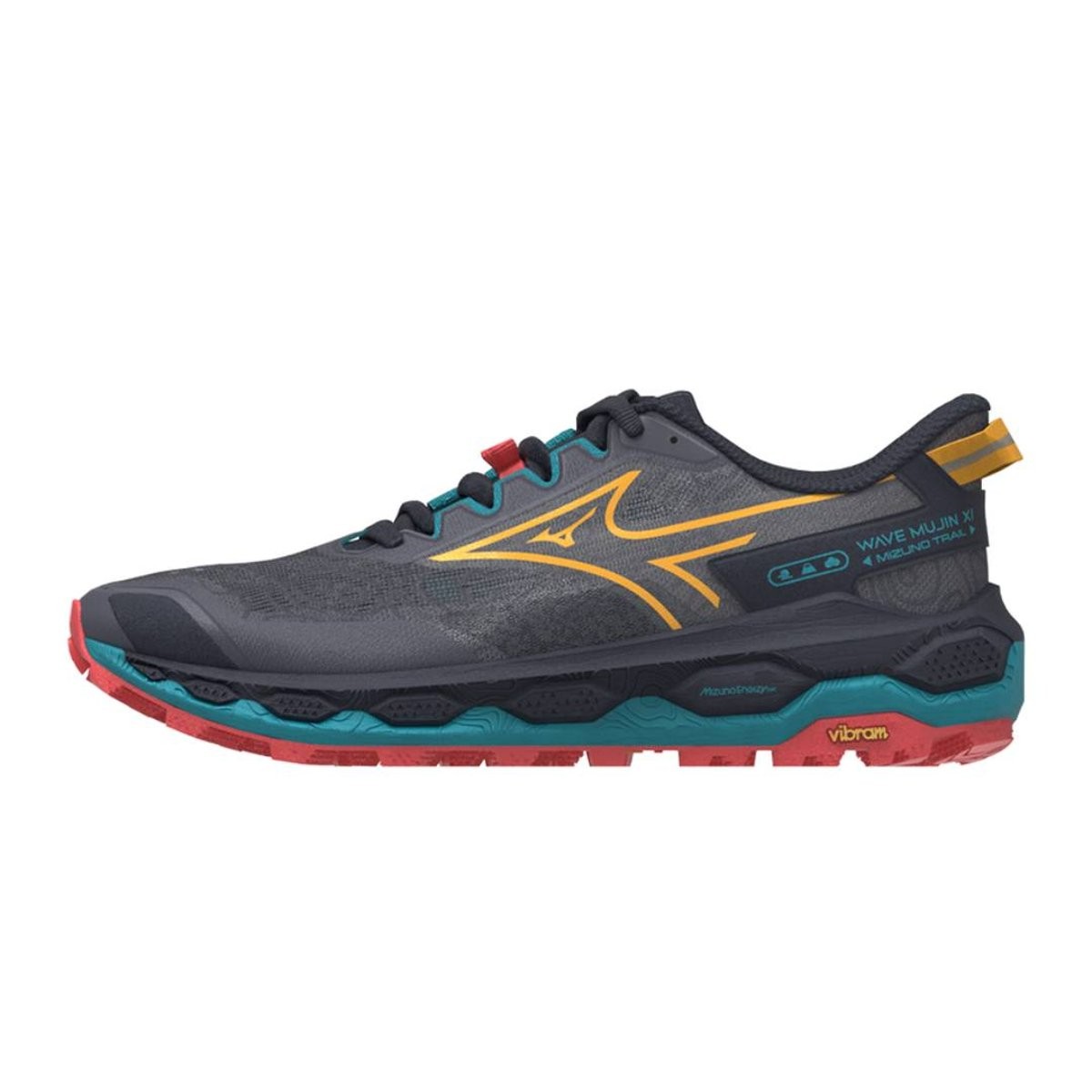 Mizuno Wave Mujin 11 men's trail running shoe in Odyssey Gray with citrus and fiery coral accents, featuring a breathable mesh upper and Vibram outsole for traction.