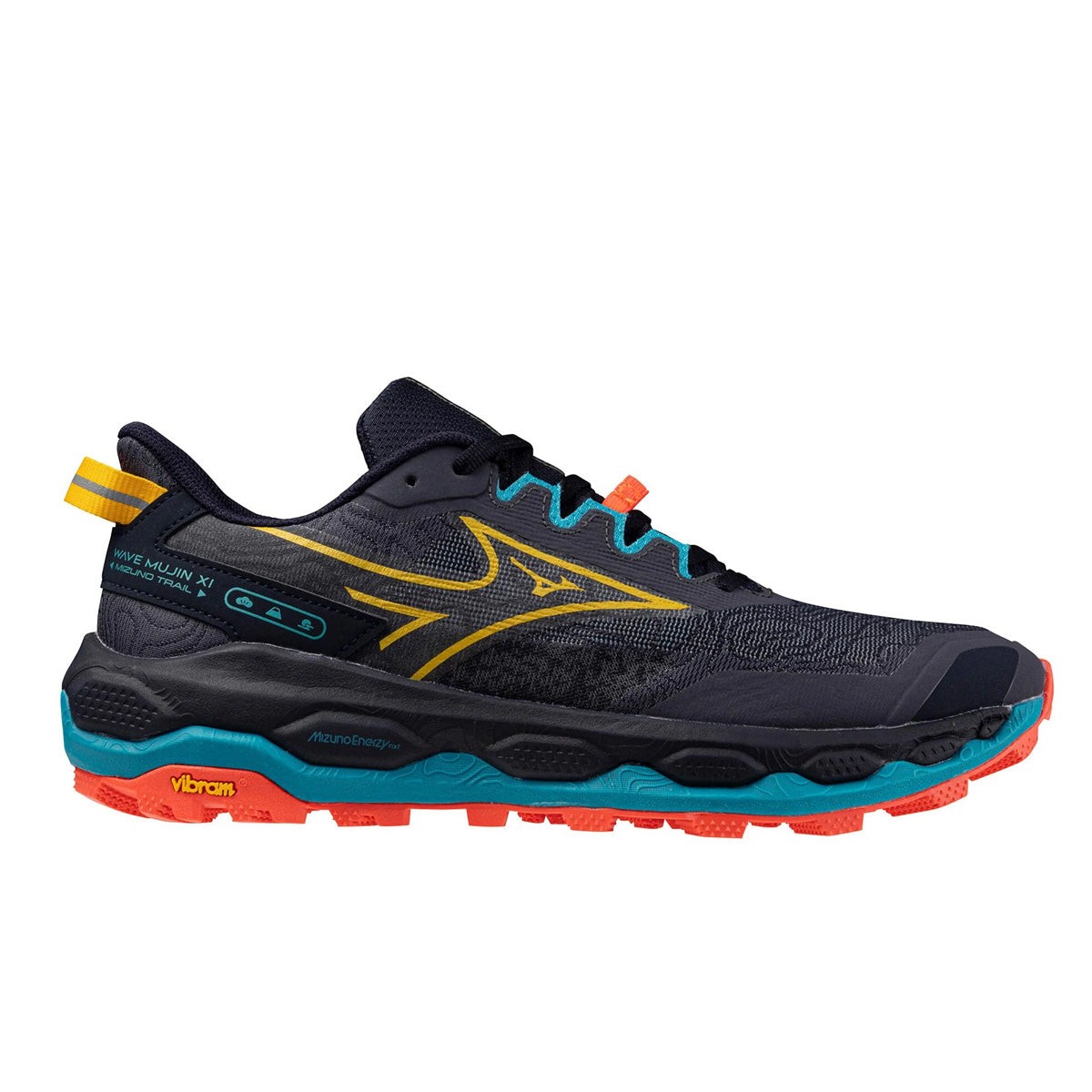 Mizuno Wave Mujin 11 men's running shoe in Odyssey Gray with citrus and fiery coral accents, featuring a breathable mesh upper, cushioned sole, and Vibram outsole for traction.