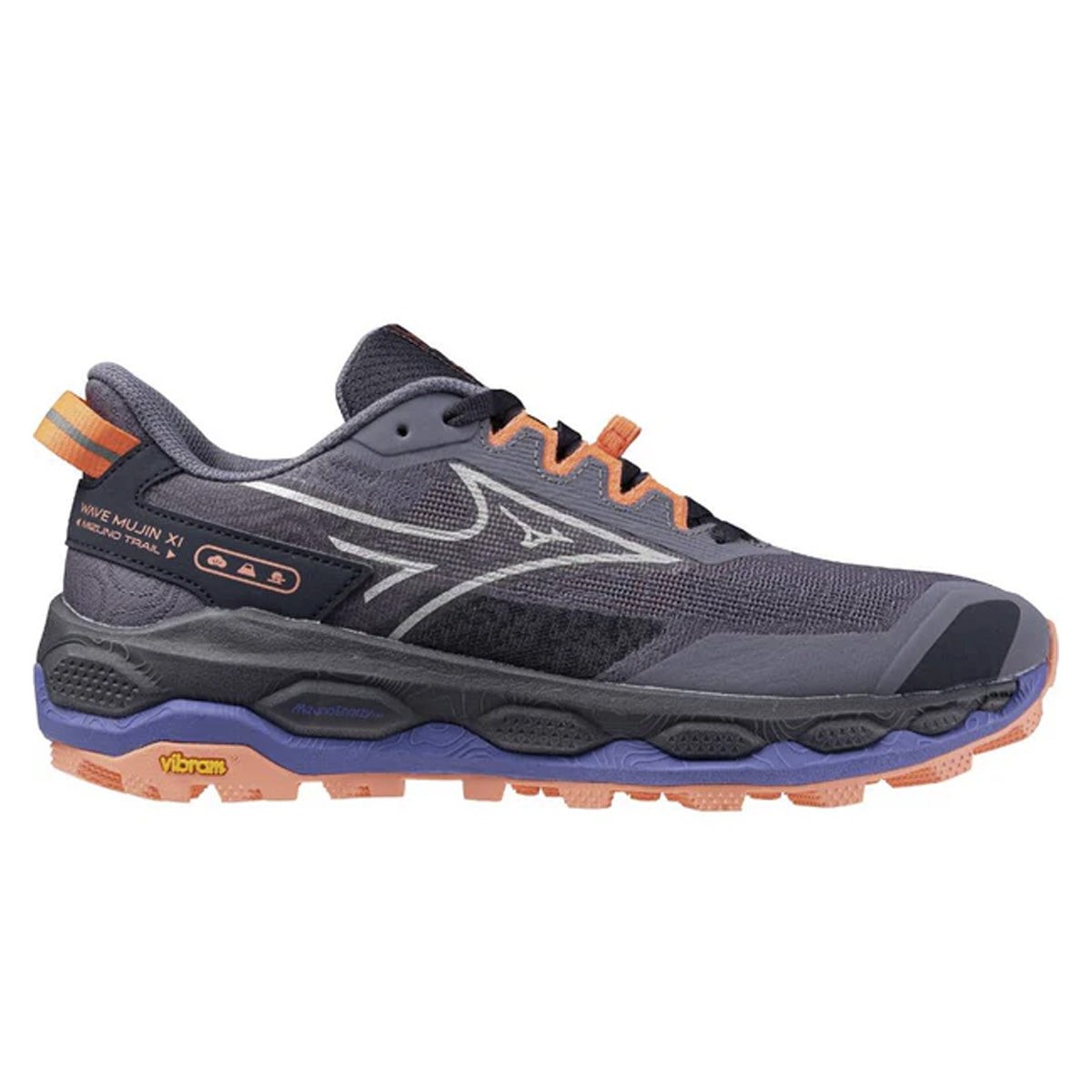 Mizuno Wave Mujin 11 women's trail running shoes in blue granite, silver, and striking coral, featuring a breathable mesh upper and Vibram outsole for traction.