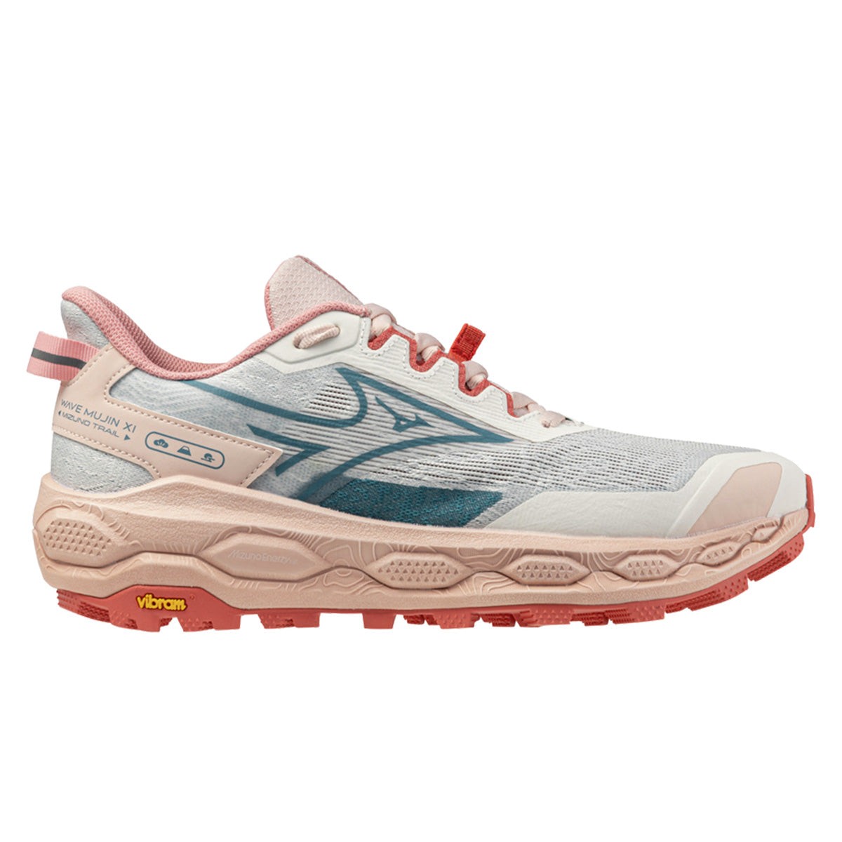 Mizuno Wave Mujin 11 women's trail running shoe in snow white, larkspur, and faded rode, featuring a breathable mesh upper, cushioned sole, and Vibram outsole for traction.