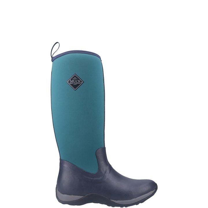 Navy and spruce synthetic knee-high winter boots featuring a textured upper, a rounded toe, and a pull tab for easy wear, designed for cold weather conditions.