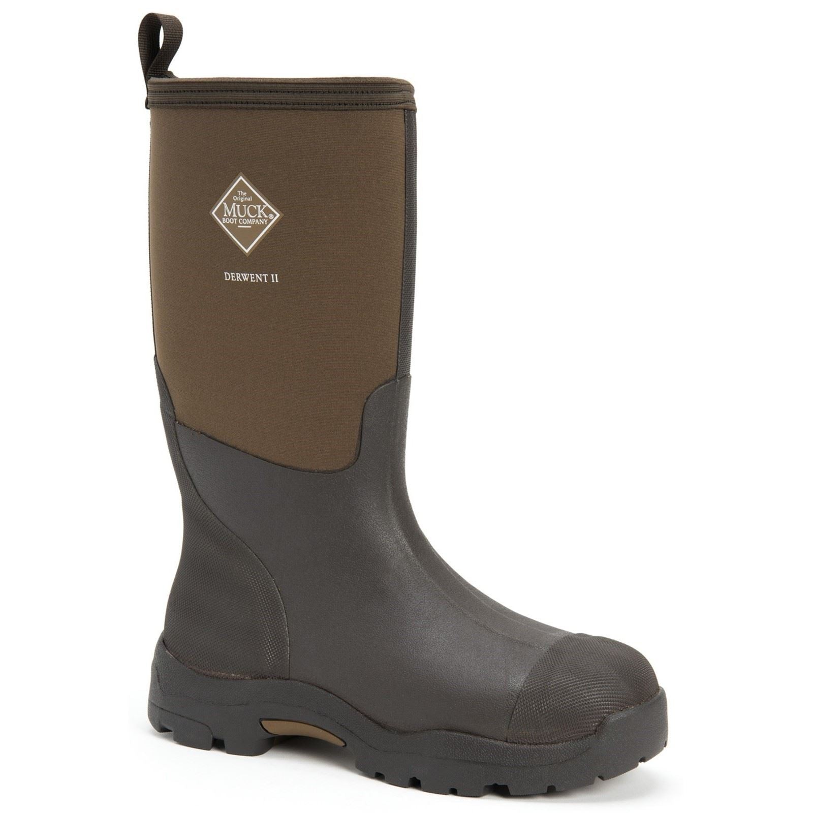 Unisex Muck Boots Derwent II in black and bark, featuring a waterproof neoprene upper, durable rubber sole, and a pull tab for easy wear.