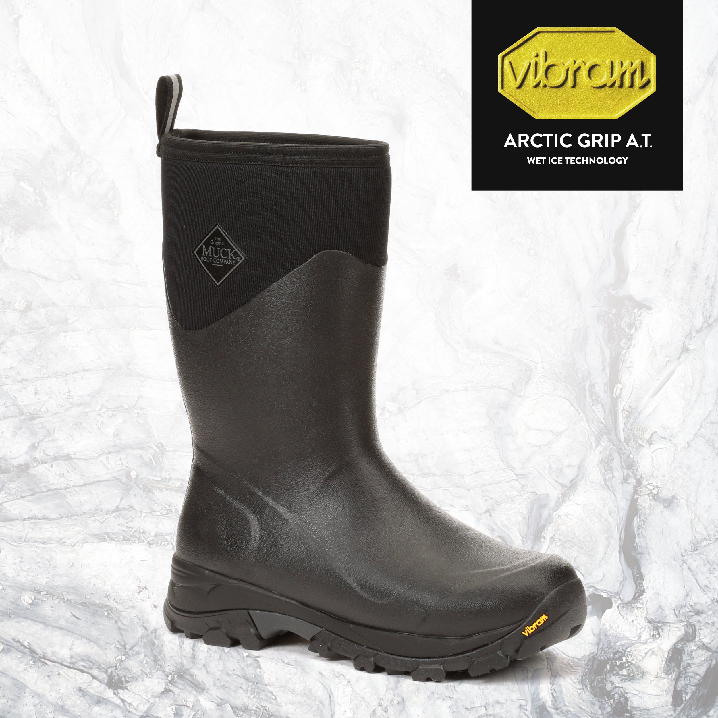 Black Muck Boots 'Arctic Ice Mid AGAT' Wellingtons feature a rubber exterior, a textured upper for grip, and a Vibram sole designed for wet ice, available in size 6.