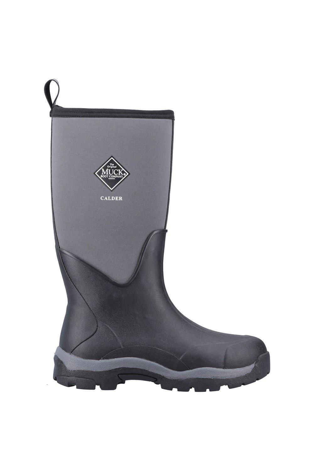 Black and gray waterproof rubber boot featuring a tall design, textured sole, and a pull tab at the top, ideal for outdoor activities.