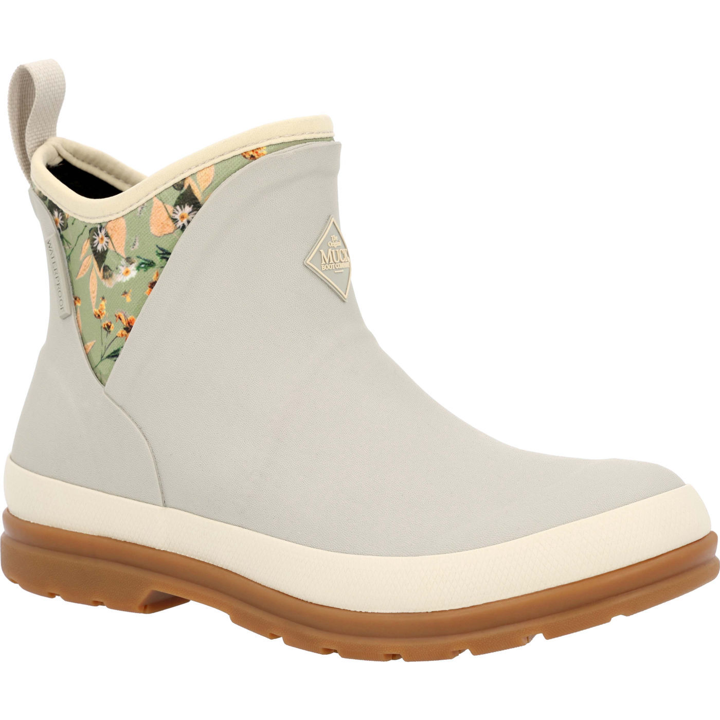 Gravel grey ankle rain boots with a pressed floral print on the back, featuring a rubber sole and cushioned interior for outdoor comfort.