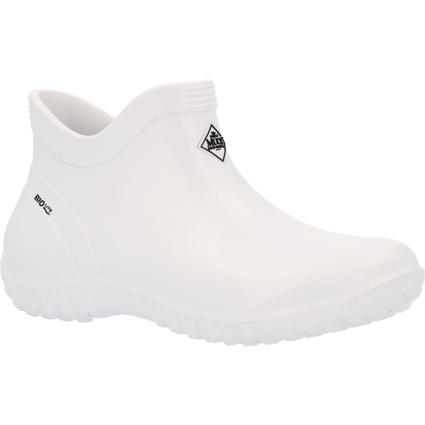 White ankle boot made of waterproof material with a sleek design, featuring a textured sole for grip and a logo on the side, ideal for outdoor activities.