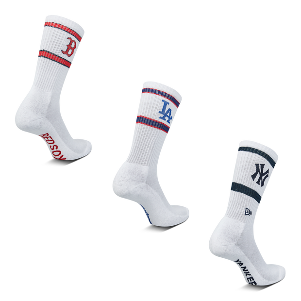 Premium white socks featuring team logos: red "B" for Boston Red Sox, blue "LA" for Los Angeles Dodgers, and green "NY" for New York Yankees, with striped accents.