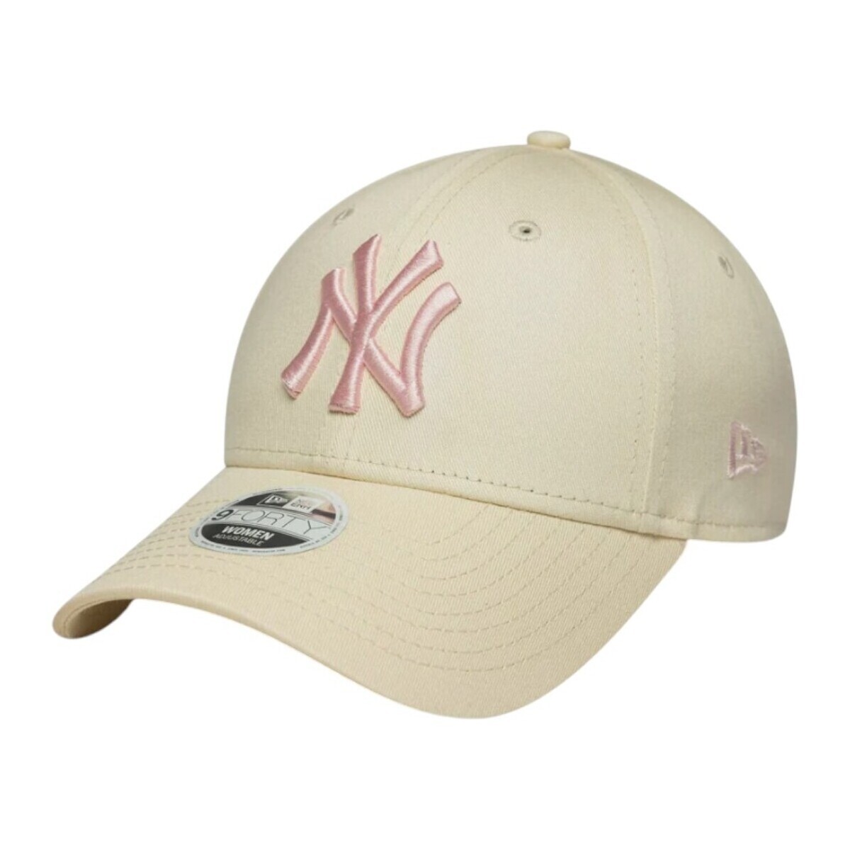 Beige baseball cap featuring a pink embroidered New York Yankees logo, adjustable strap, and a curved brim, made from soft, durable material.