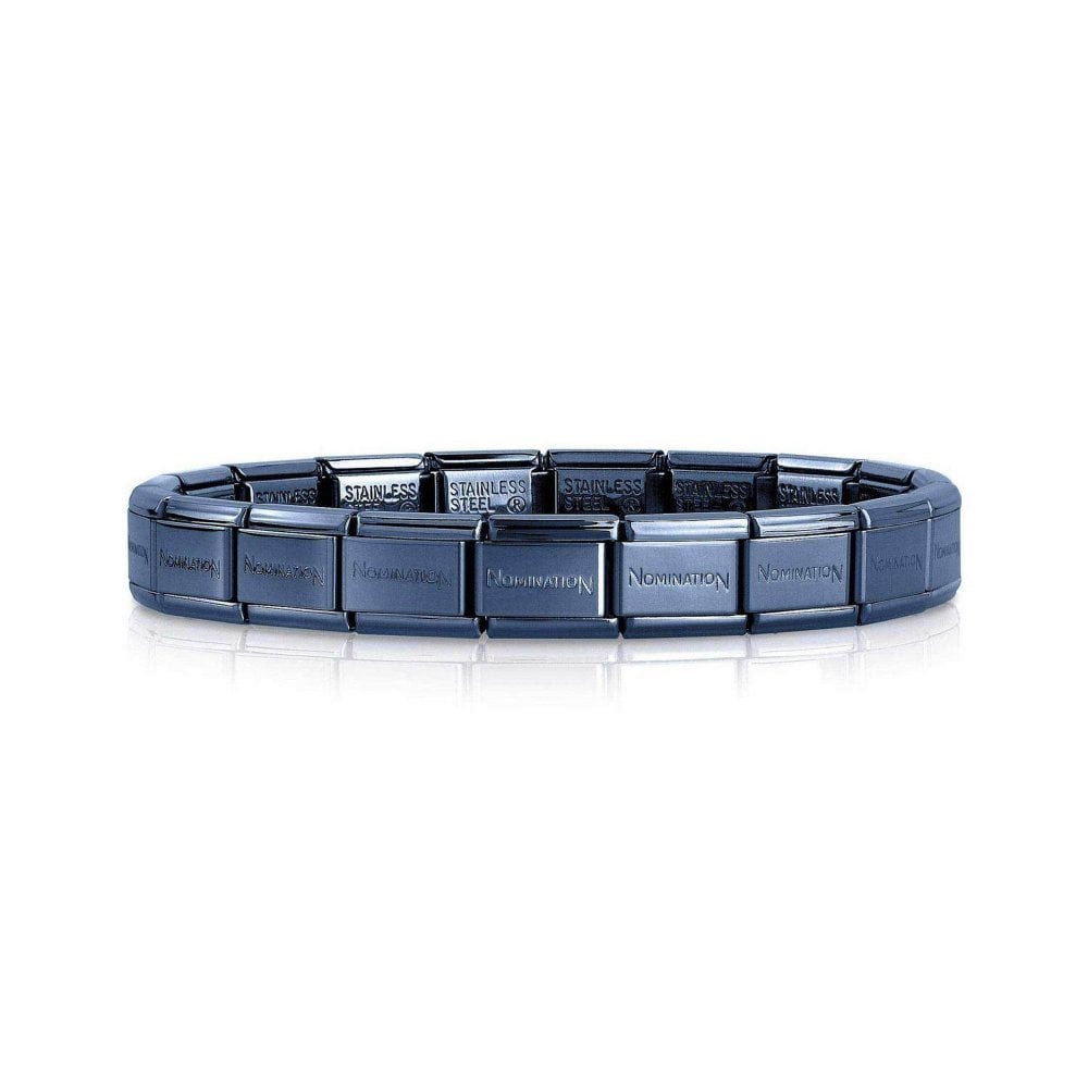 Blue stainless steel bracelet with 20 links, featuring a sleek, modern design, and the Nomination logo engraved on several links, measuring 18cm in length.