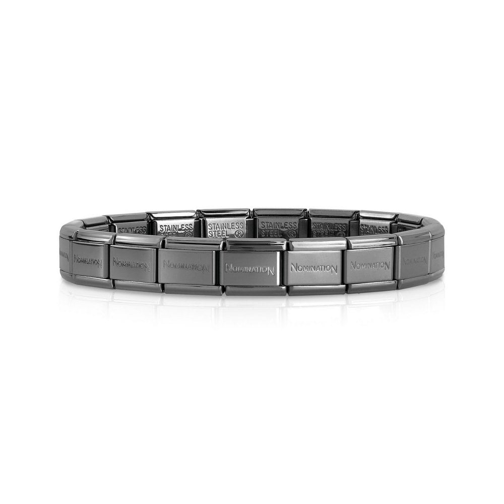 Gunmetal bracelet featuring 20 stainless steel links, measuring 18cm, with a sleek, polished finish and engraved "Nomination" branding on select links.