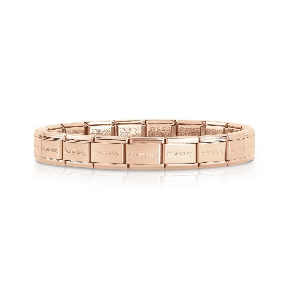 Classic rose gold plated starter bracelet by Nomination featuring 13 stainless steel links, measuring 11cm in length, with a polished finish and engraved brand logo.
