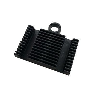 Black plastic holder with ridged surface, designed for a 12" item, featuring a circular loop for hanging or attachment.