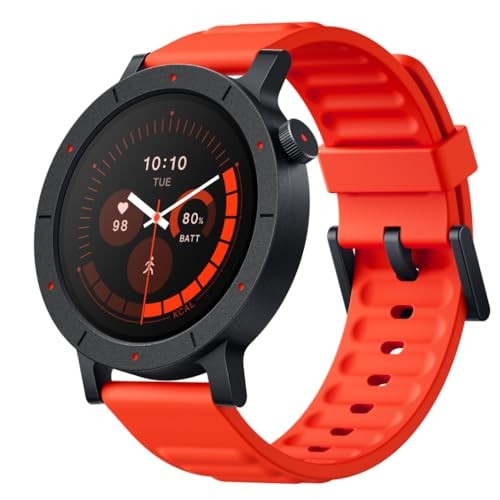 47mm smartwatch with a black circular face, orange and black silicone strap, digital display showing time, heart rate, and battery level.