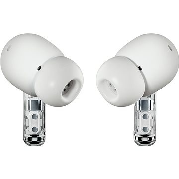 True wireless in-ear headset in transparent white with a glossy finish, featuring a unique design and USB Type-C charging port for Bluetooth connectivity.