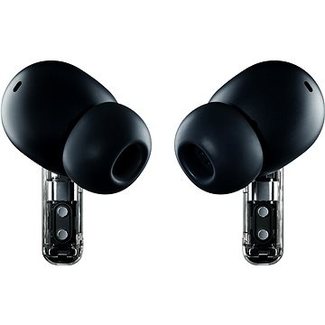 True wireless in-ear headset in transparent black with a glossy finish, featuring a distinctive design and USB Type-C charging port.