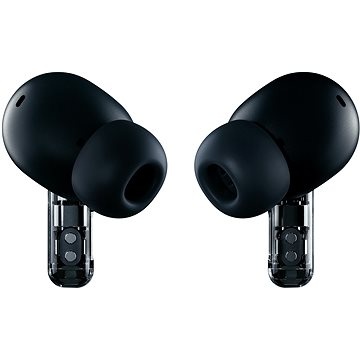 True wireless in-ear headset featuring a sleek black design with transparent accents, designed for calls and music, showcasing a modern, minimalist aesthetic.