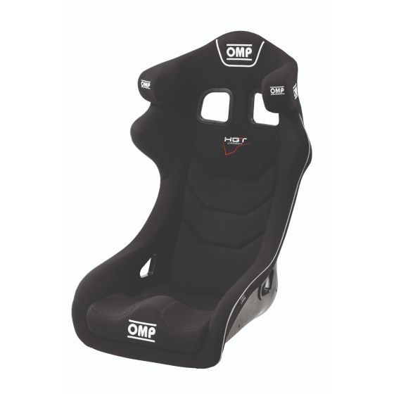 Black carbon racing seat with a sleek design, featuring a high back, side bolsters, and OMP branding, designed for optimal support and safety in motorsport.
