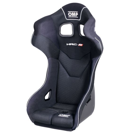 Black fibreglass racing seat in size XL with a sleek design, featuring breathable mesh inserts and OMP branding, ideal for motorsport enthusiasts.