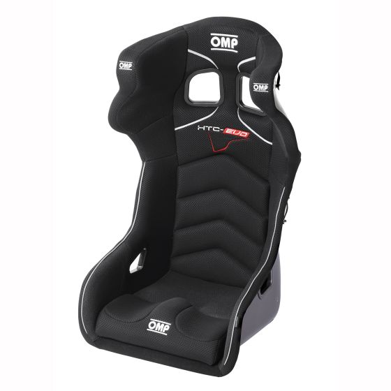 Black fibreglass racing seat with ergonomic design, featuring a high back, side bolsters, and OMP branding, highlighted with white stitching and a red logo.