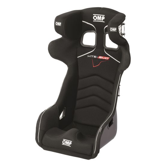 Black fibreglass racing seat with a high back, side bolsters, and a textured finish, featuring white stitching and OMP branding on the headrest and sides, size X-Large.