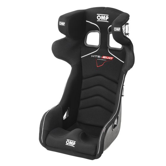 Black carbon racing seat with high side bolsters, integrated headrest, and OMP branding, featuring a textured finish and ergonomic design for enhanced support.