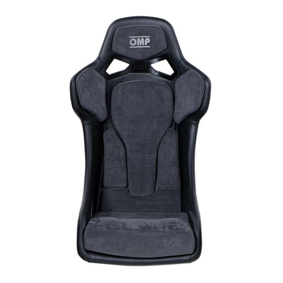 Black racing seat made of leather and Alcantara, featuring a sleek design with cutouts for improved airflow and an OMP logo at the top.