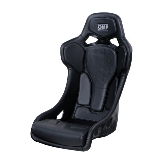 Black OMP RT Carbon Fibre Seat featuring leather material, ergonomic design, and prominent OMP logo at the top, ideal for racing and performance vehicles.