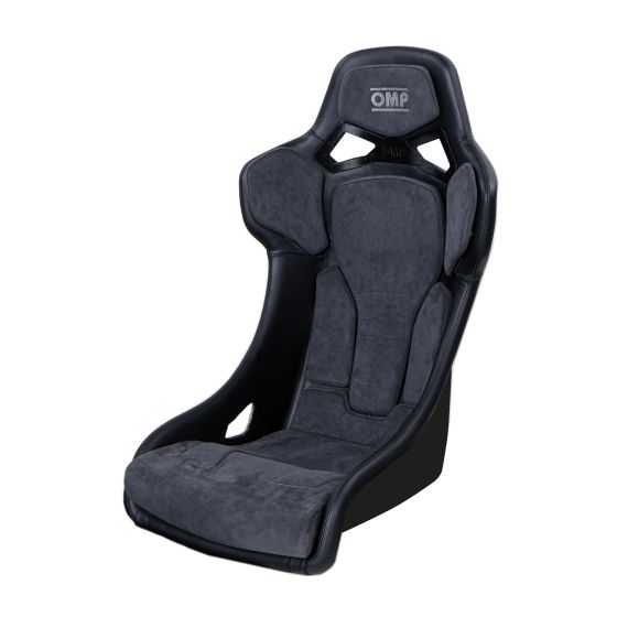 Black fibreglass racing seat with a sleek design, featuring soft black suede upholstery, supportive side bolsters, and an OMP logo on the headrest.