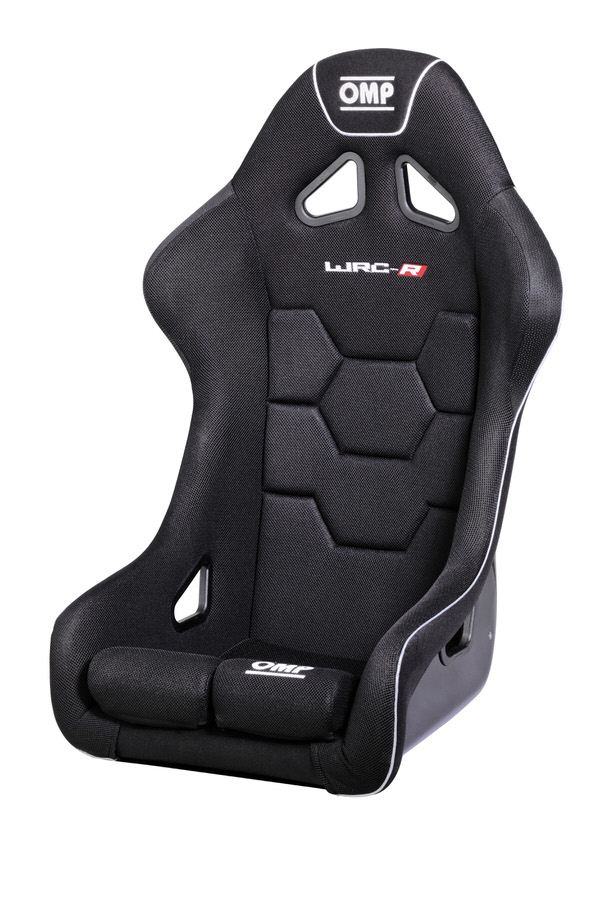 Black fiberglass racing seat with a high-back design, featuring a textured surface, cutouts for harnesses, and OMP branding on the headrest and side.