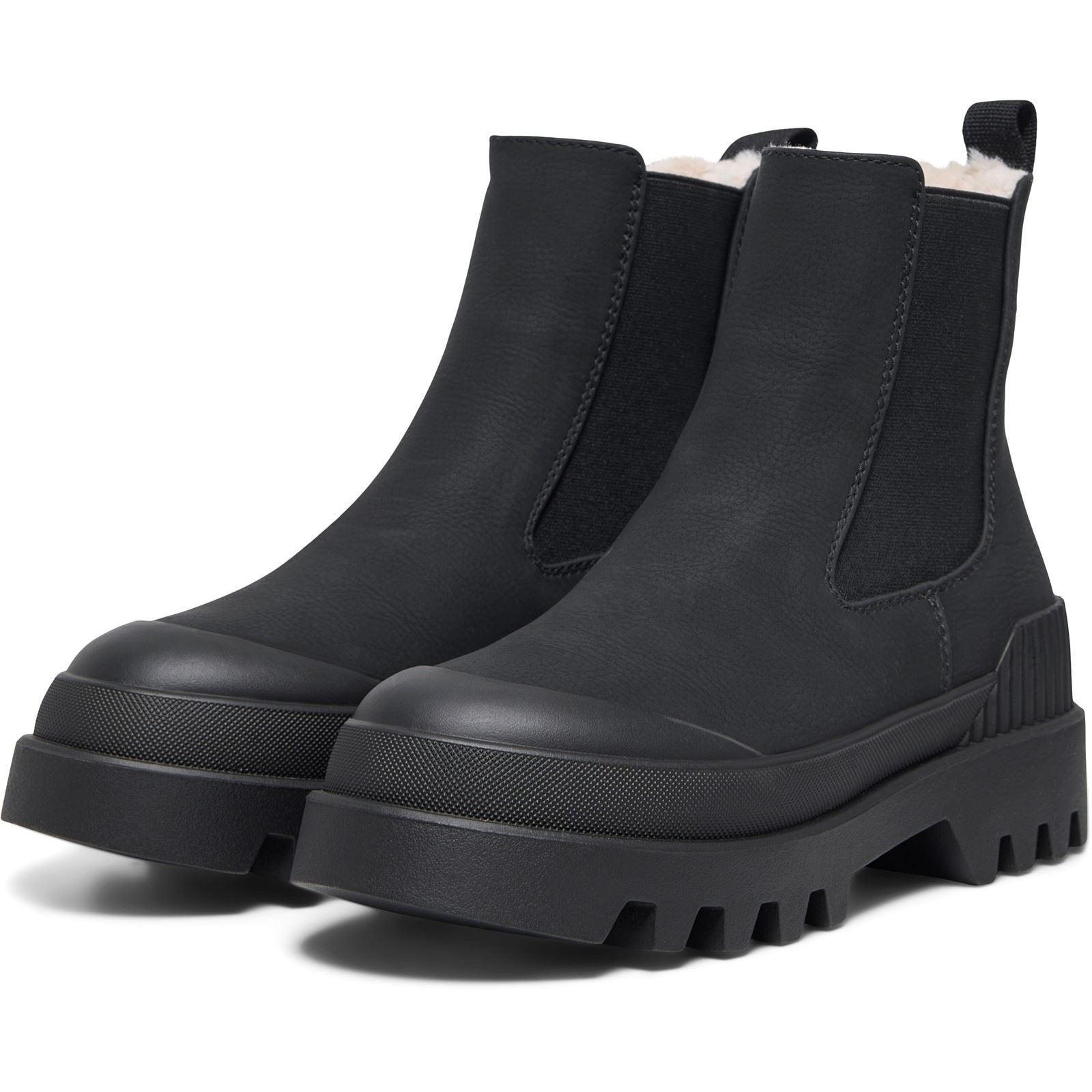 Black polyurethane women's boots featuring a chunky sole, elastic side panels, and a sleek design, ideal for stylish and comfortable wear.