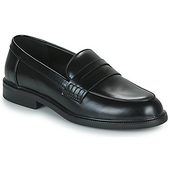 Black women's moccasins made of PU material, featuring a sleek design with a stitched front and a low block heel for a stylish yet comfortable look.