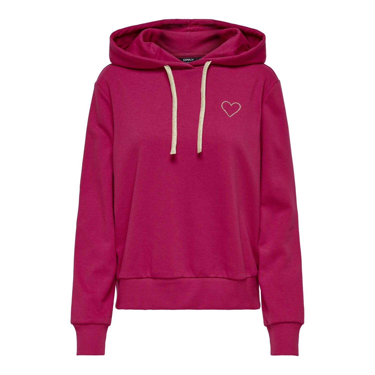Fuchsia women's hoodie by Only, featuring a drawstring hood, ribbed cuffs, and a small white heart embroidery on the chest.