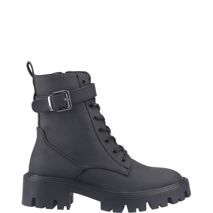 Black leather ankle boot featuring a lace-up front, buckle detail, and chunky rubber sole for a stylish, rugged look.