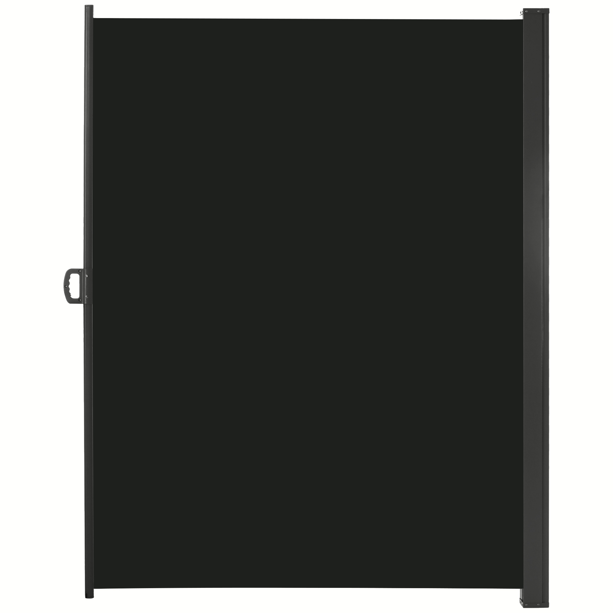 Retractable black sun awning screen with a sturdy metal frame, designed for outdoor use as a privacy divider for patios, gardens, and balconies.